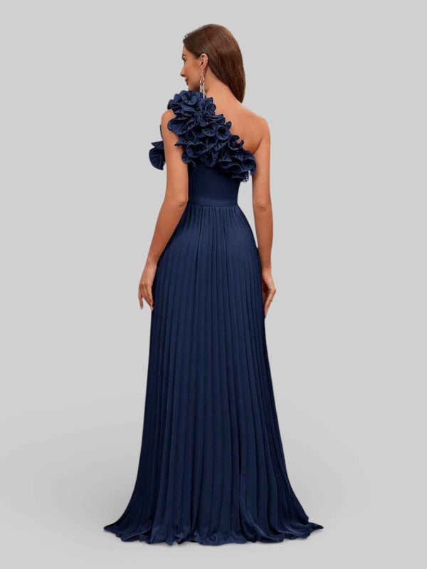 Vestido Longo de Festa Plissado com Flores