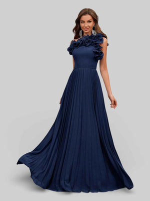 Vestido Longo de Festa Plissado com Flores