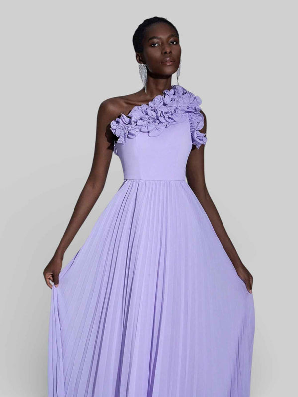 Vestido Longo de Festa Plissado com Flores