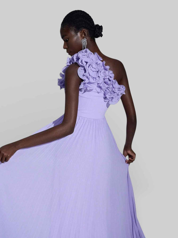 Vestido Longo de Festa Plissado com Flores