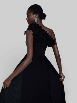 Vestido Longo de Festa Plissado com Flores