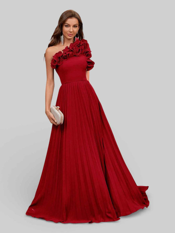 Vestido Longo de Festa Plissado com Flores