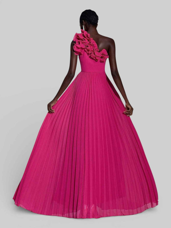 Vestido Longo de Festa Plissado com Flores