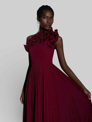Vestido Longo de Festa Plissado com Flores