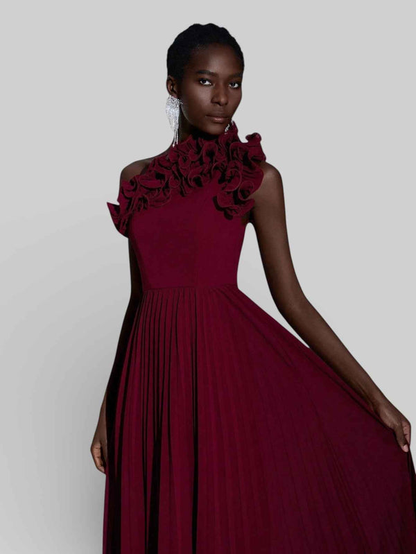 Vestido Longo de Festa Plissado com Flores