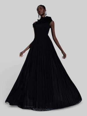 Vestido Longo de Festa Plissado com Flores