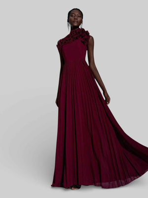 Vestido Longo de Festa Plissado com Flores