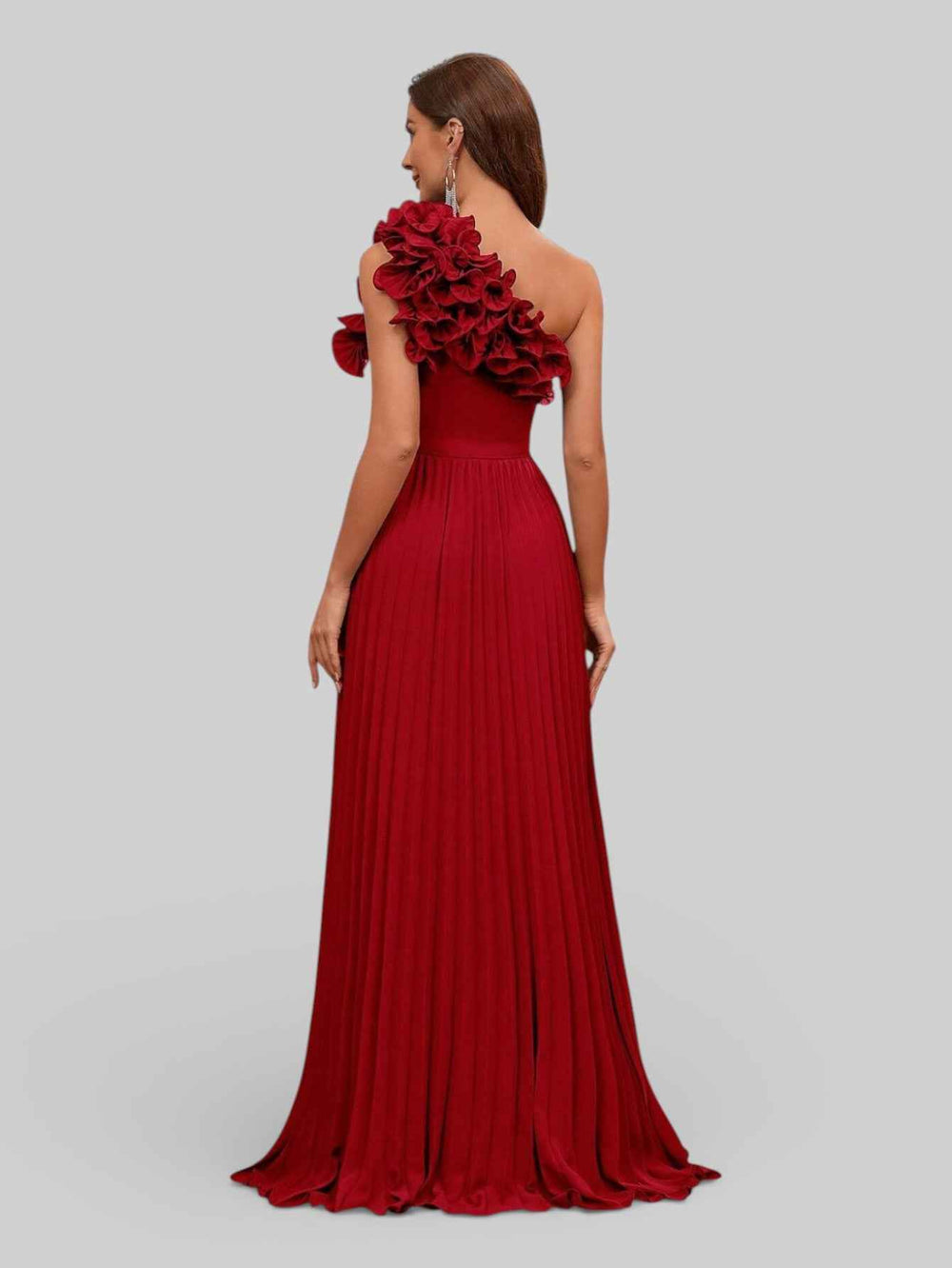 Vestido Longo de Festa Plissado com Flores