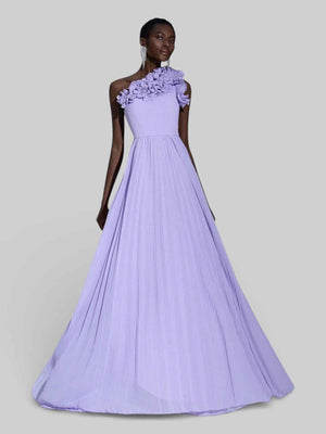 Vestido Longo de Festa Plissado com Flores