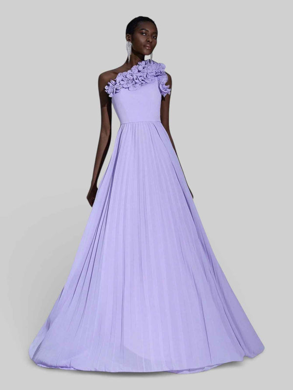 Vestido Longo de Festa Plissado com Flores