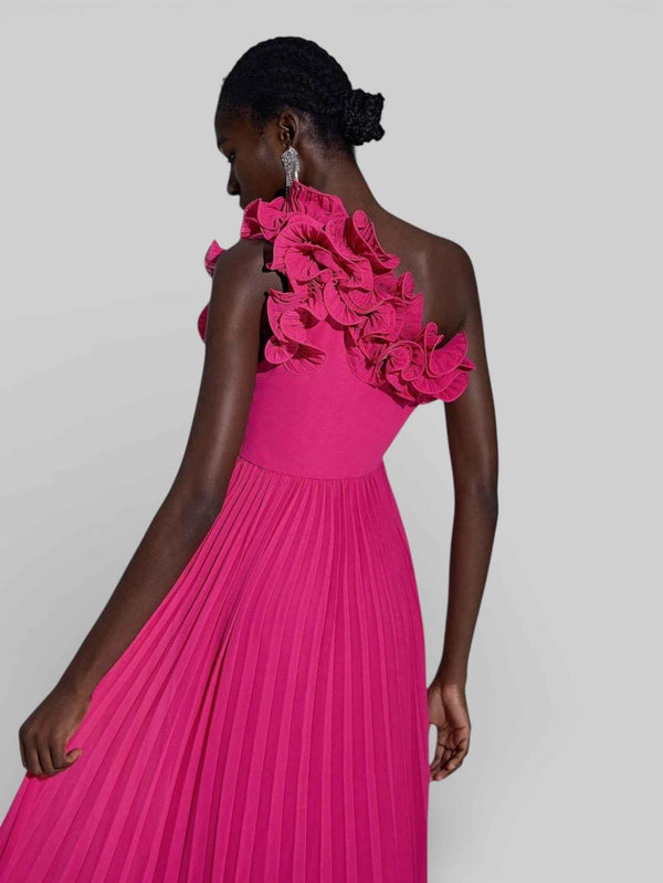 Vestido Longo de Festa Plissado com Flores