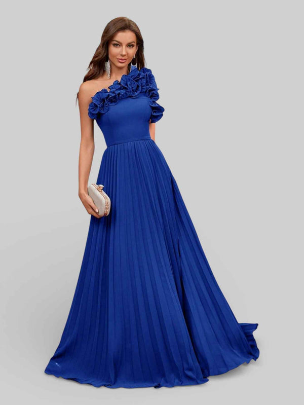 Vestido Longo de Festa Plissado com Flores