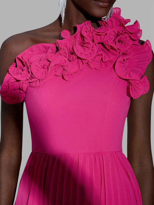Vestido Longo de Festa Plissado com Flores