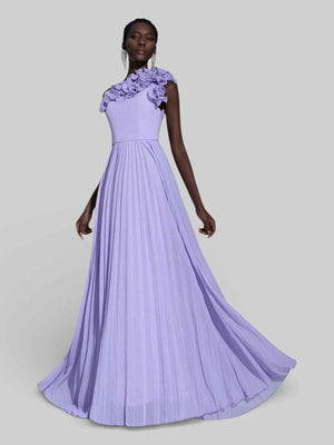 Vestido Longo de Festa Plissado com Flores
