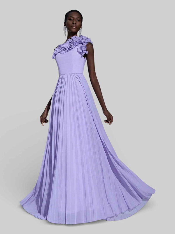 Vestido Longo de Festa Plissado com Flores