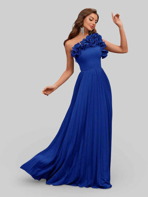 Vestido Longo de Festa Plissado com Flores