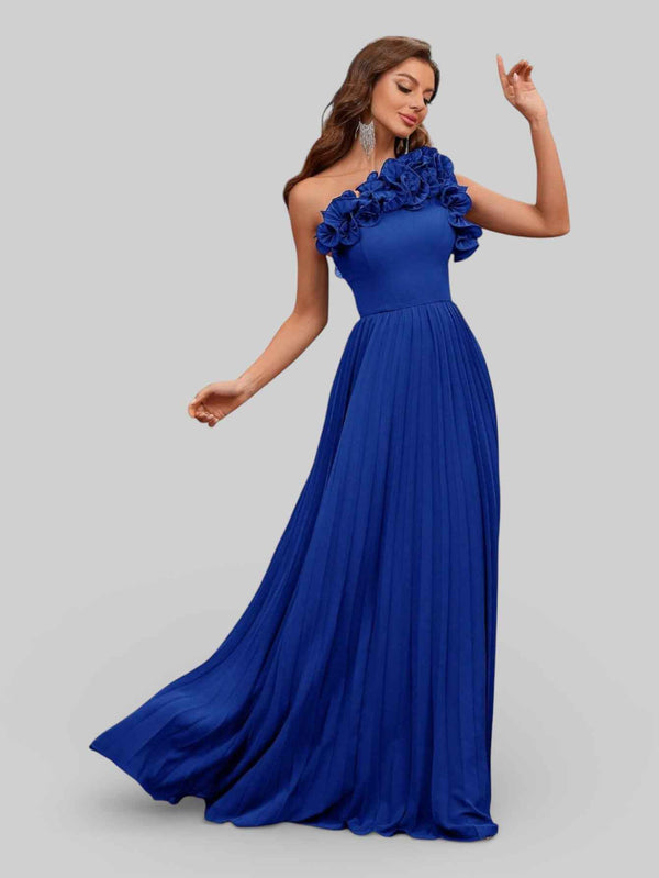 Vestido Longo de Festa Plissado com Flores