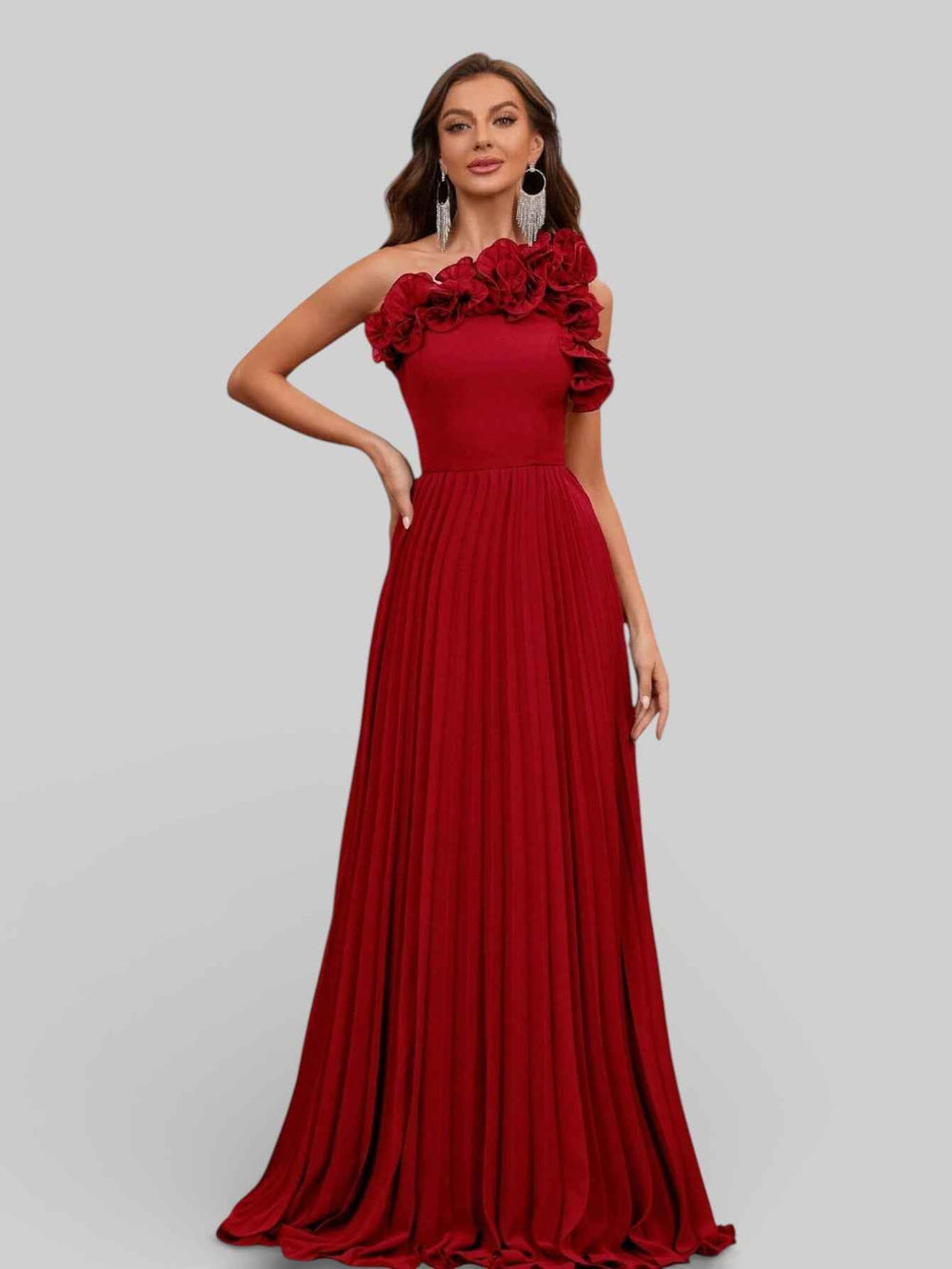 Vestido Longo de Festa Plissado com Flores