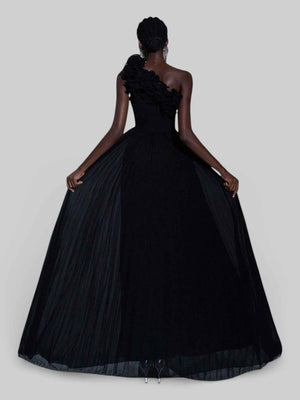 Vestido Longo de Festa Plissado com Flores