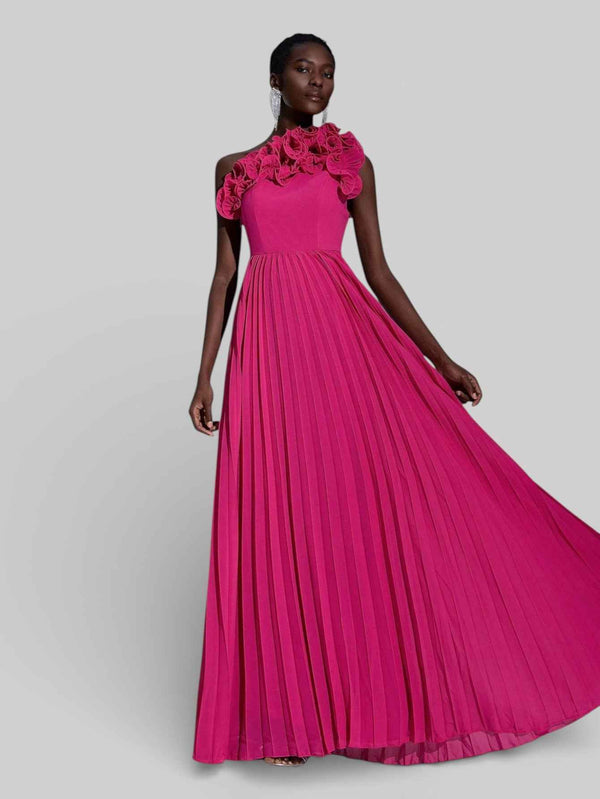 Vestido Longo de Festa Plissado com Flores