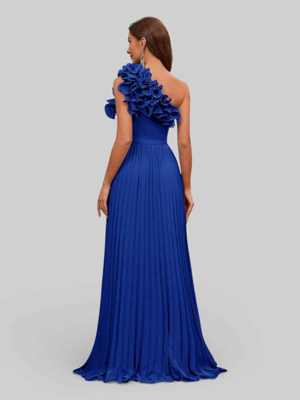 Vestido Longo de Festa Plissado com Flores