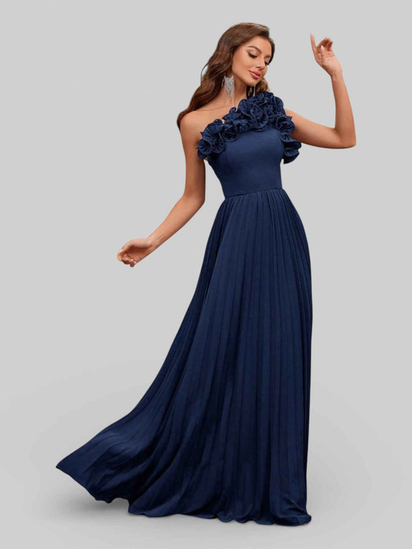 Vestido Longo de Festa Plissado com Flores