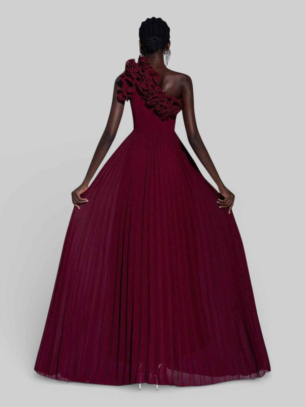 Vestido Longo de Festa Plissado com Flores
