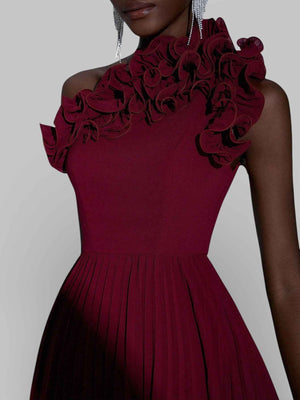 Vestido Longo de Festa Plissado com Flores