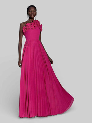 Vestido Longo de Festa Plissado com Flores
