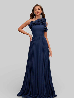 Vestido Longo de Festa Plissado com Flores