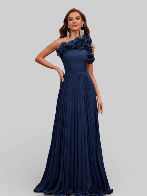 Vestido Longo de Festa Plissado com Flores
