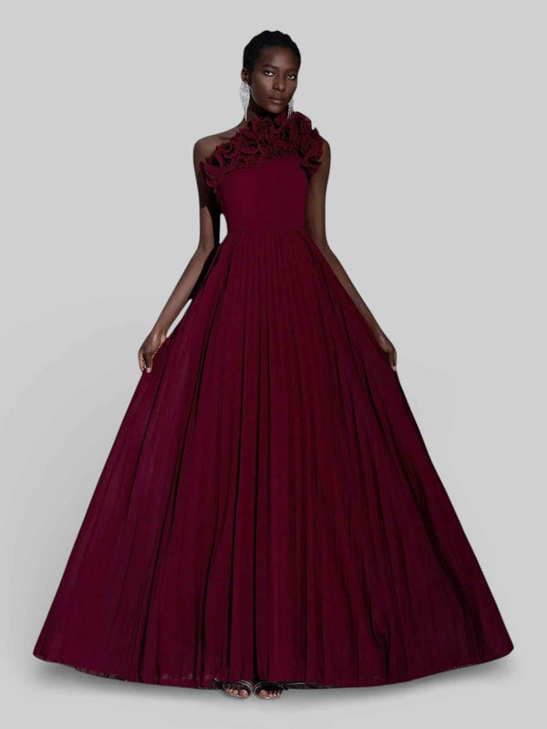 Vestido Longo de Festa Plissado com Flores