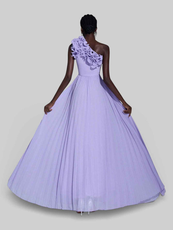 Vestido Longo de Festa Plissado com Flores