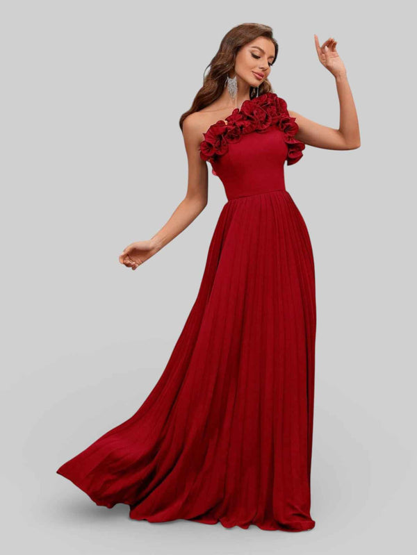 Vestido Longo de Festa Plissado com Flores