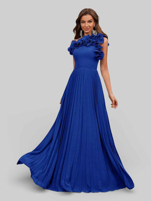Vestido Longo de Festa Plissado com Flores