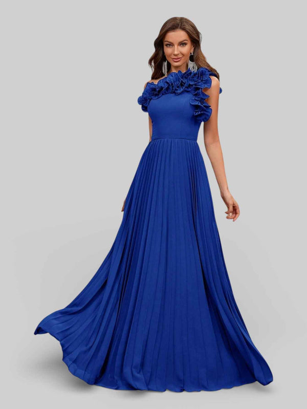 Vestido Longo de Festa Plissado com Flores