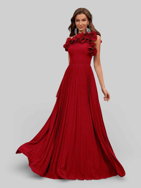 Vestido Longo de Festa Plissado com Flores