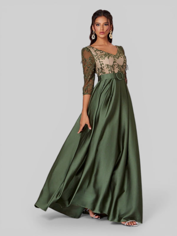 Vestido Longo de Festa Plus Size em Renda Oliva Dress - Aurea Dress
