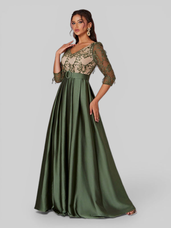 Vestido Longo de Festa Plus Size em Renda Oliva Dress - Aurea Dress