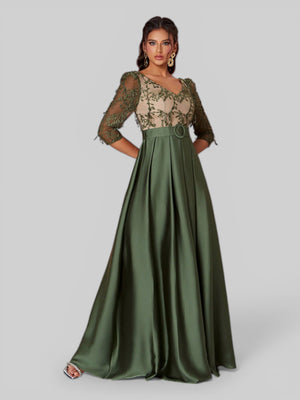 Vestido Longo de Festa Plus Size em Renda Oliva Dress - Aurea Dress