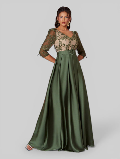 Vestido Longo de Festa Plus Size em Renda Oliva Dress - Aurea Dress