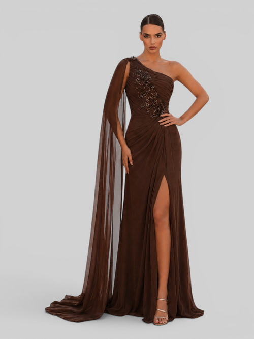 Vestido de Festa Longo Nula Manga com Capa Bordado Moscou