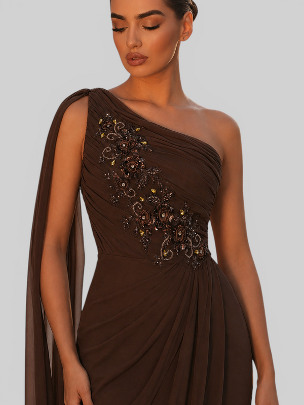 Vestido de Festa Longo Nula Manga com Capa Bordado Moscou