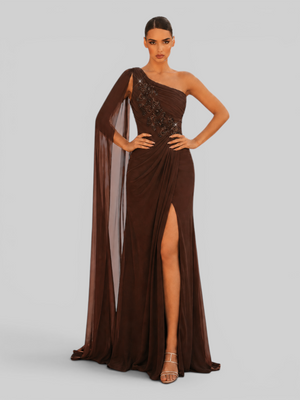 Vestido de Festa Longo Nula Manga com Capa Bordado Moscou