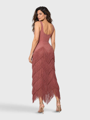 Vestido de Festa Longo Bordado em Paetê e Franjas Tamiris