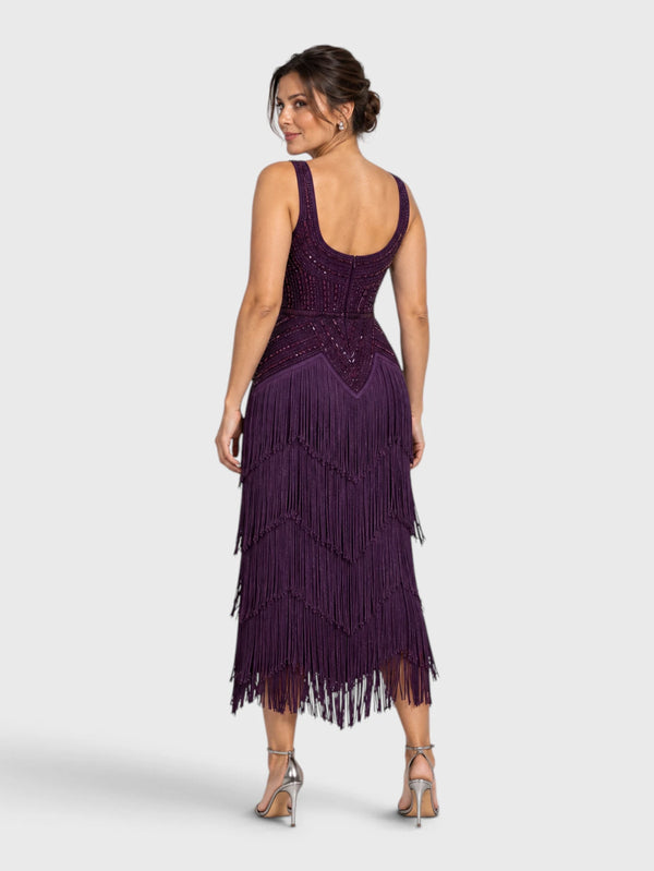 Vestido de Festa Longo Bordado em Paetê e Franjas Tamiris