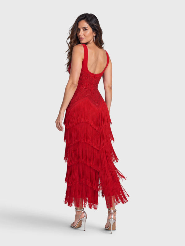 Vestido de Festa Longo Bordado em Paetê e Franjas Tamiris