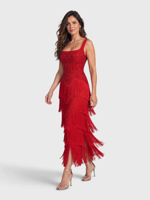 Vestido de Festa Longo Bordado em Paetê e Franjas Tamiris