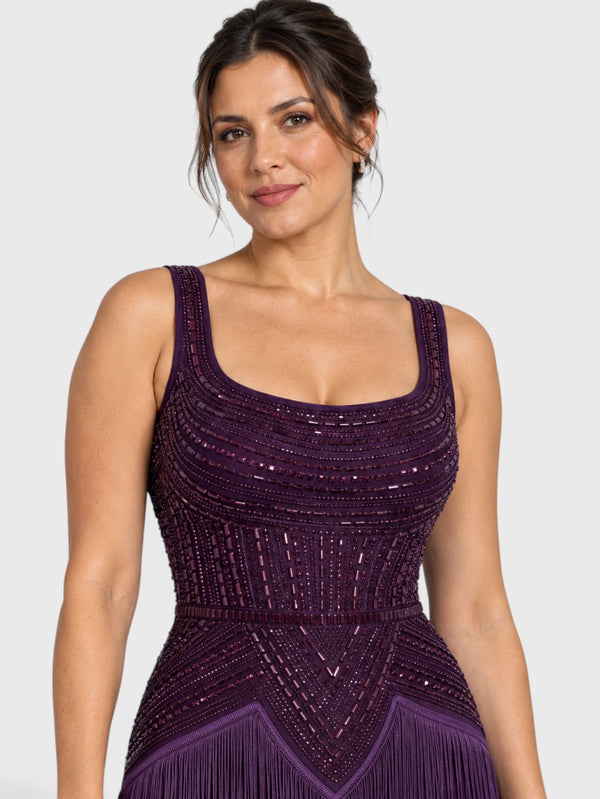 Vestido de Festa Longo Bordado em Paetê e Franjas Tamiris