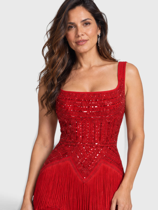 Vestido de Festa Longo Bordado em Paetê e Franjas Tamiris